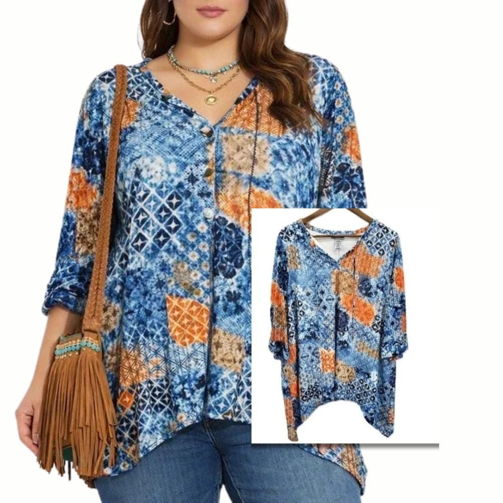 Catherines Tunic Blouse Geometric Asymmetric Hem Blue Plus Womens 1XWP